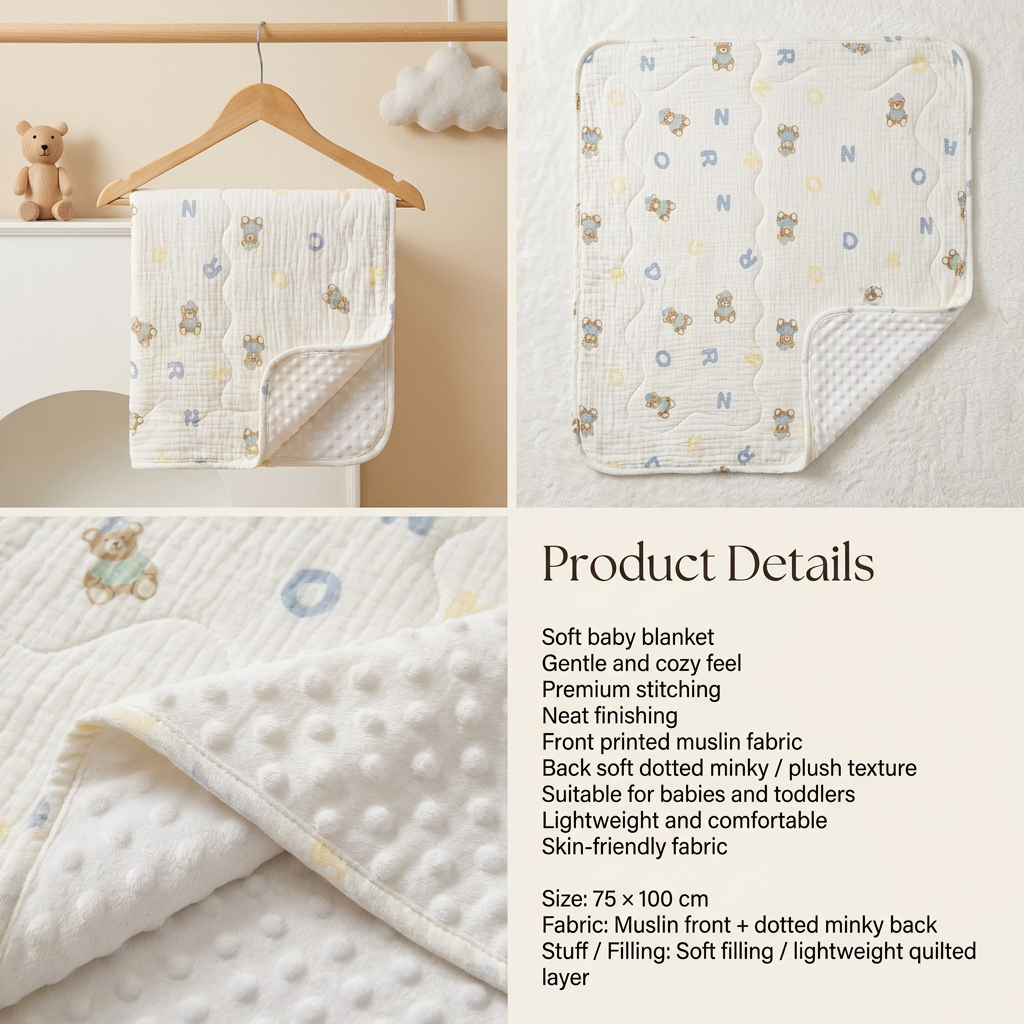 Baby Muslin & Minky Soft Blanket – 75 × 100 cm