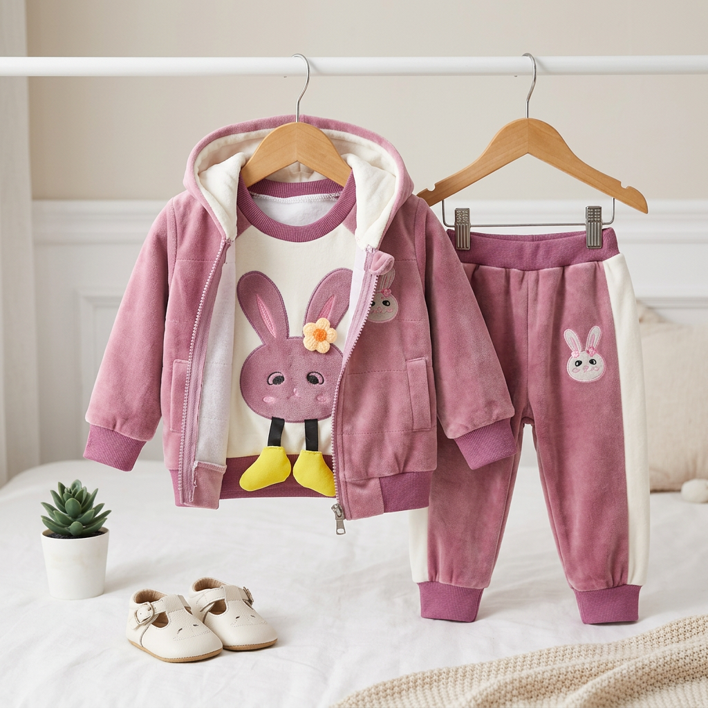 Baby Bunny Velvet Winter 3-Piece Hooded Set
