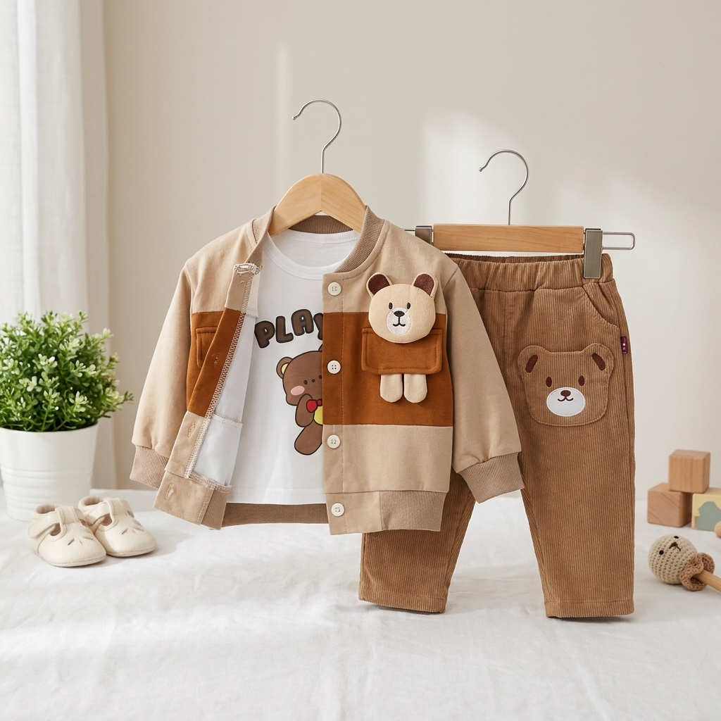 Bear Patch 3-Piece Kids Outfit – 2 Colors