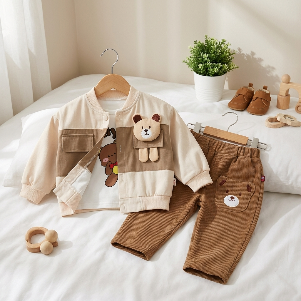 Bear Patch 3-Piece Kids Outfit – 2 Colors