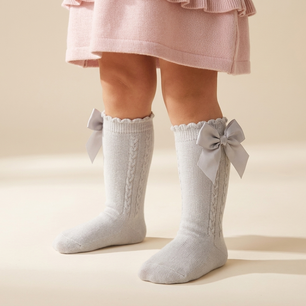 Girls Satin Bow Long Socks – 5 Colors