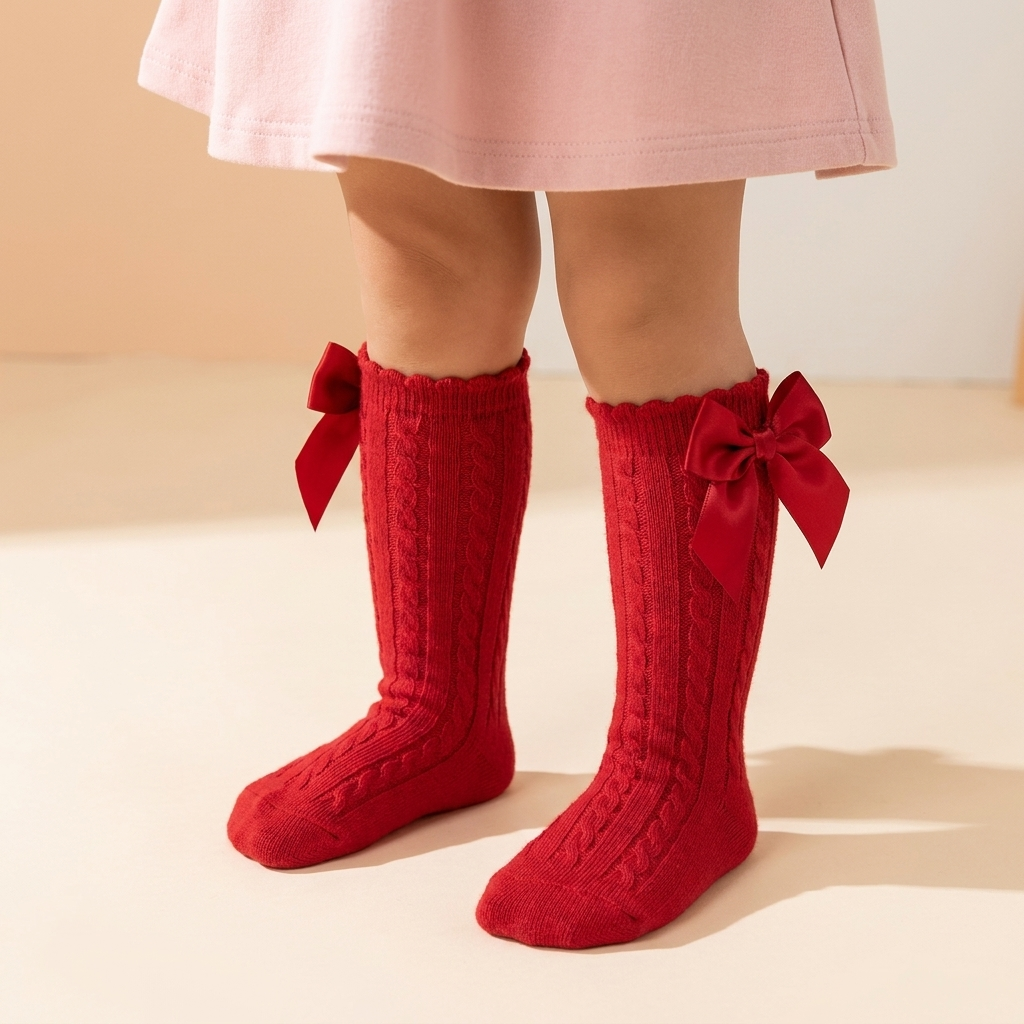 Girls Satin Bow Long Socks – 5 Colors