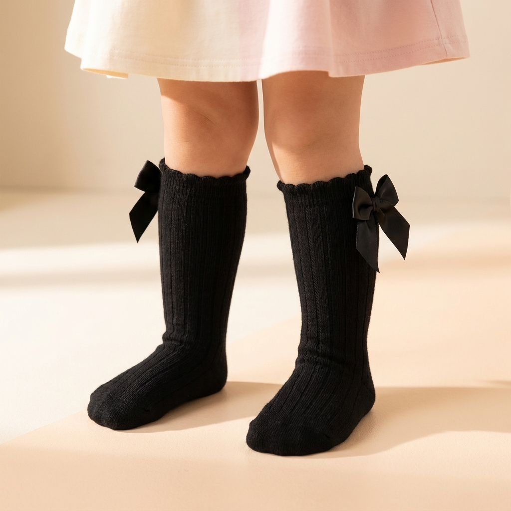 Girls Satin Bow Long Socks – 5 Colors