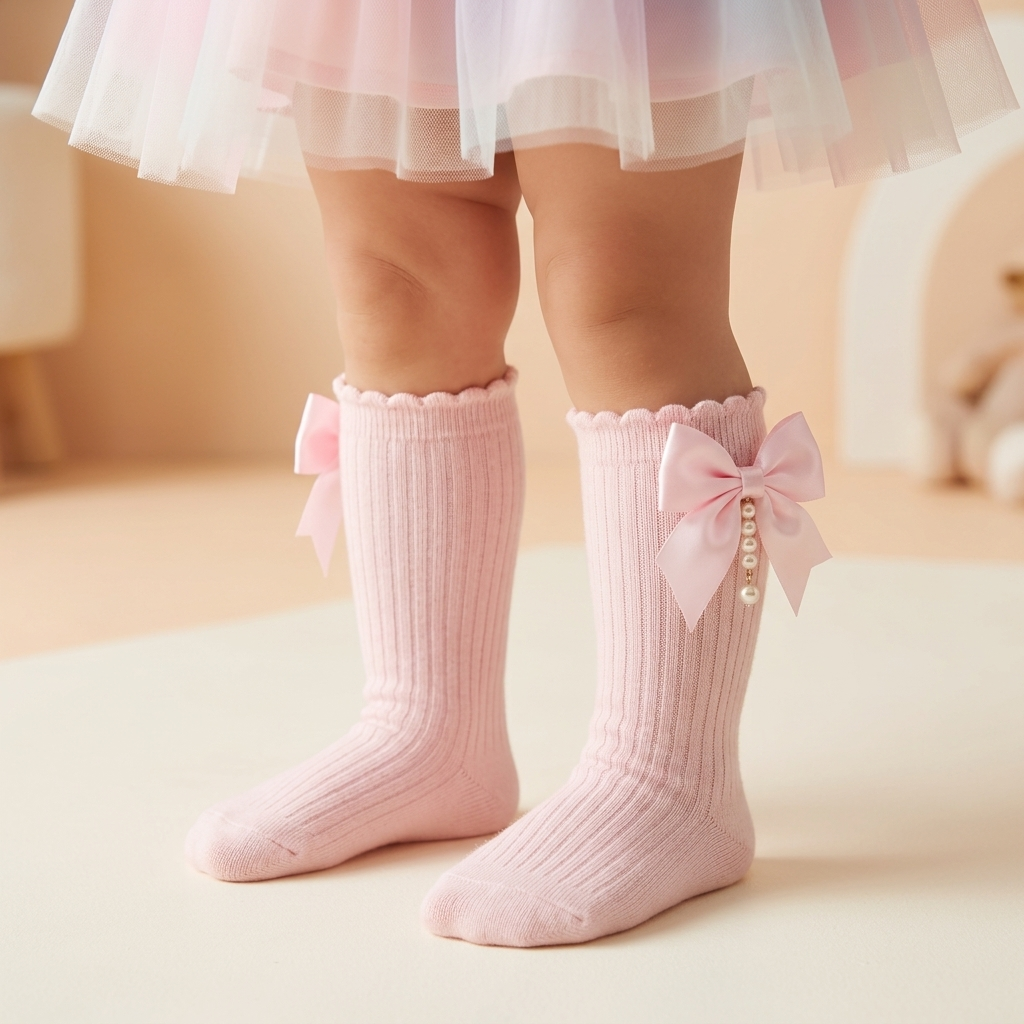 Girls Bow Pearl Long Socks – 5 Colors