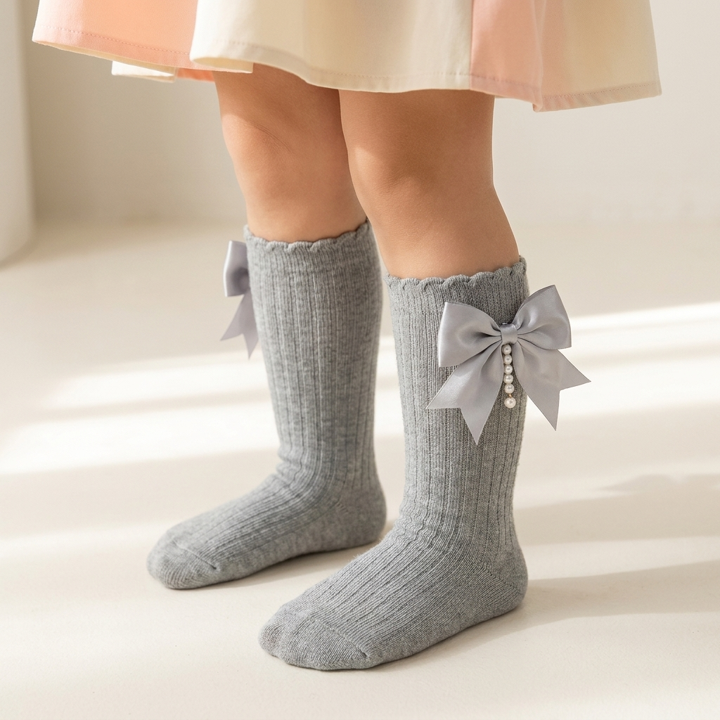 Girls Bow Pearl Long Socks – 5 Colors