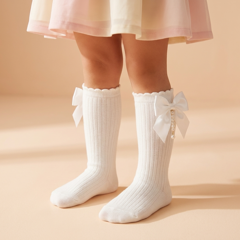 Girls Bow Pearl Long Socks – 5 Colors