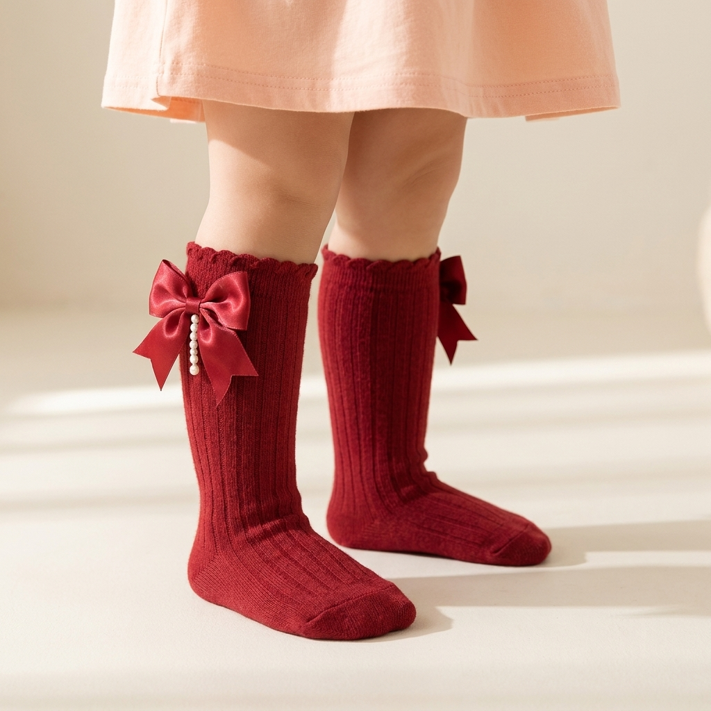 Girls Bow Pearl Long Socks – 5 Colors