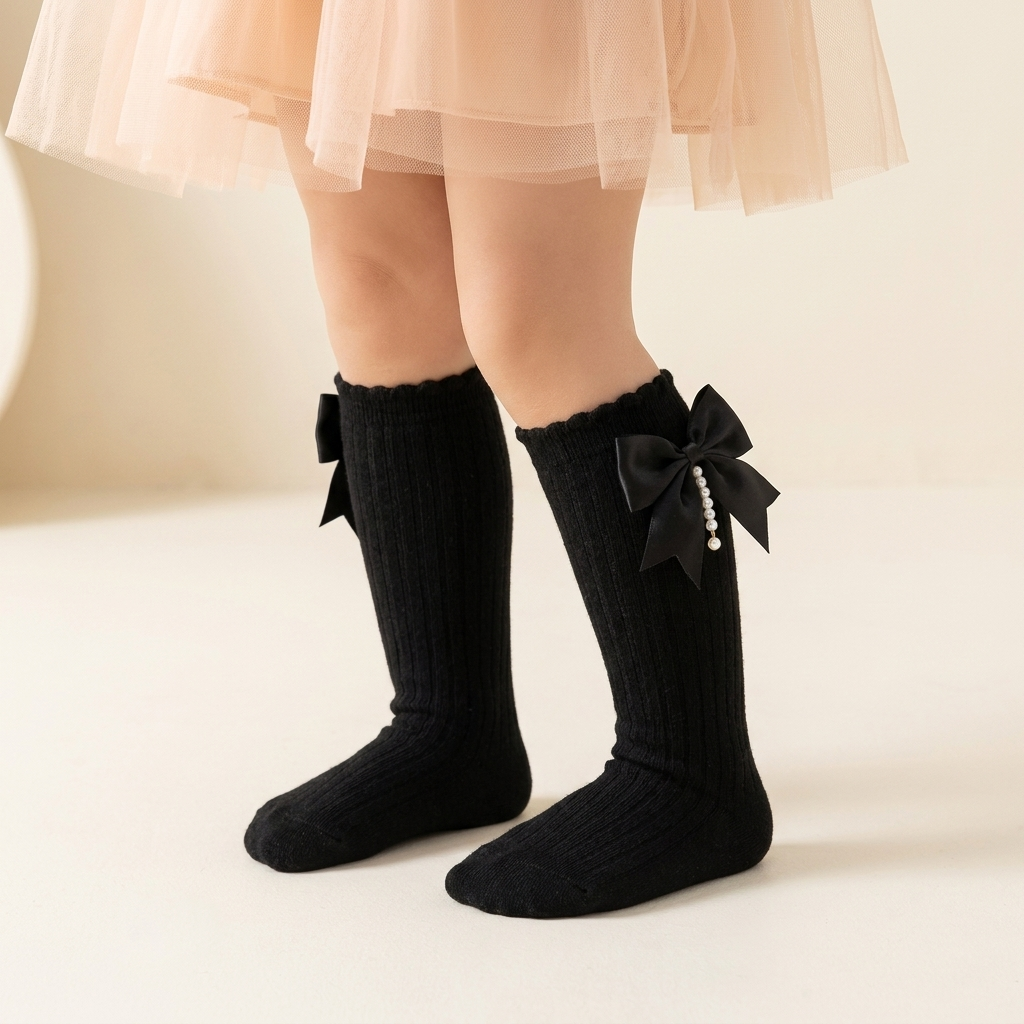 Girls Bow Pearl Long Socks – 5 Colors