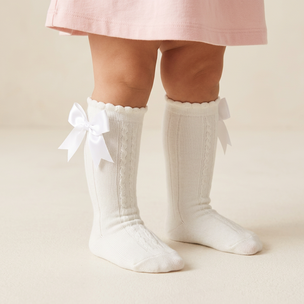 Girls Satin Bow Long Socks – 5 Colors
