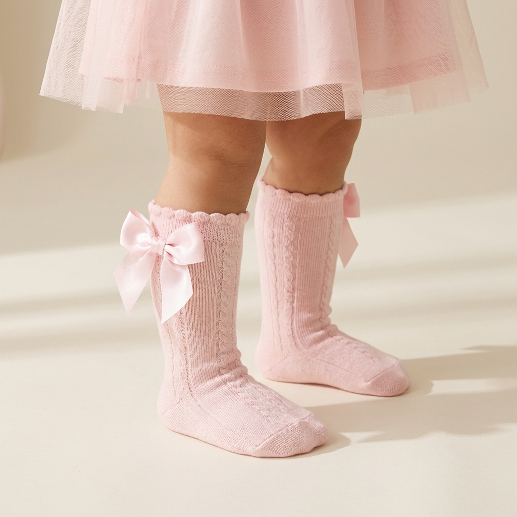 Girls Satin Bow Long Socks – 5 Colors