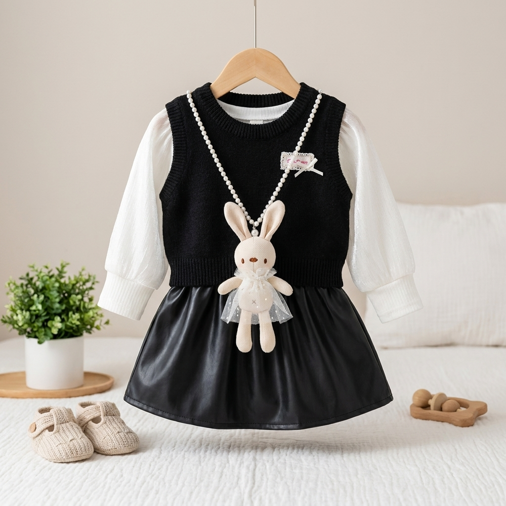 Girls Bunny Charm Sweater & frock SGirls Knit Vest Leather Frock Set – 3 PCet