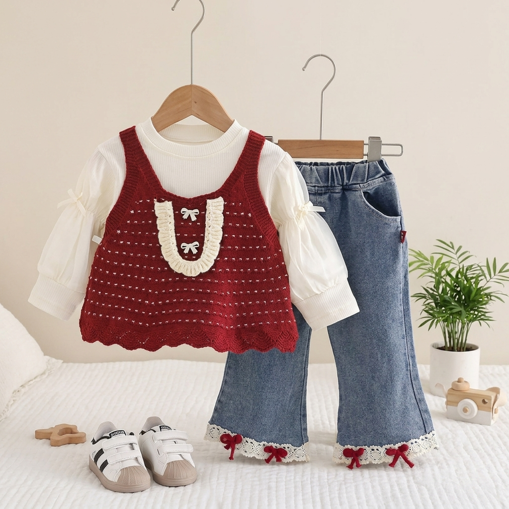 Girls Knit Vest 3-Piece Denim Set – 2 Colors