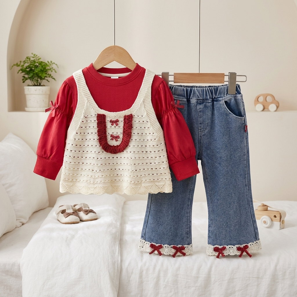 Girls Knit Vest 3-Piece Denim Set – 2 Colors