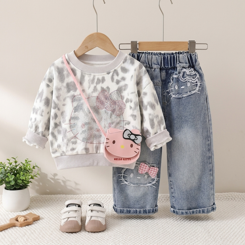 Girls Character Denim 3-Piece Set with Bag – 3 Colors