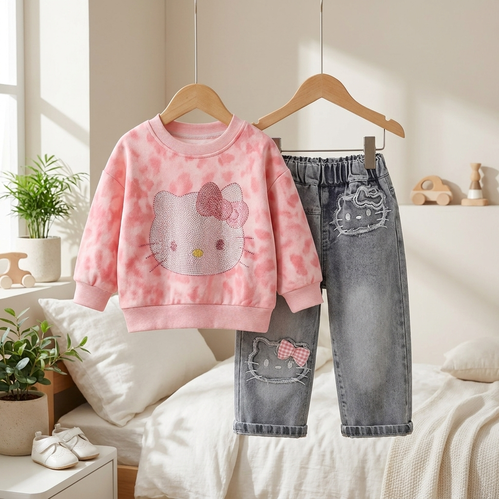 Girls Character Denim 3-Piece Set with Bag – 3 Colors