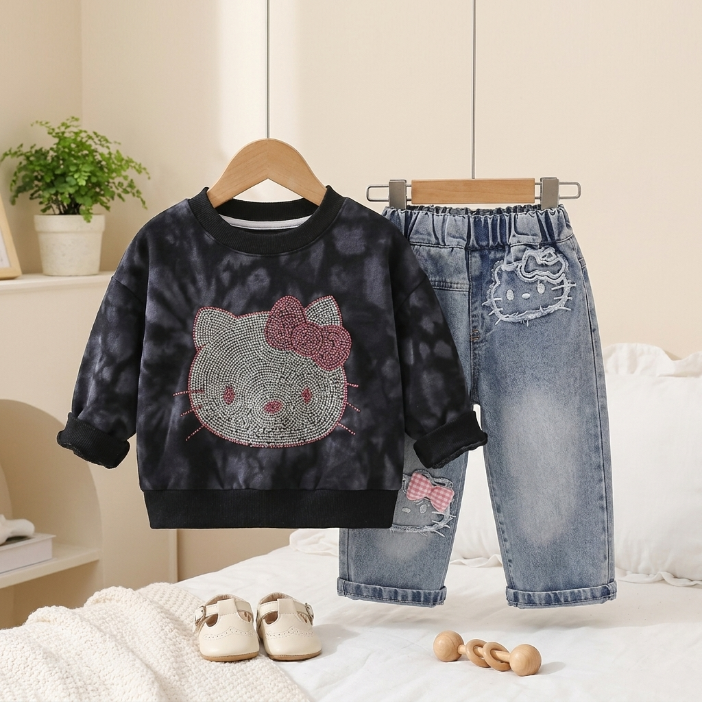 Girls Character Denim 3-Piece Set with Bag – 3 Colors