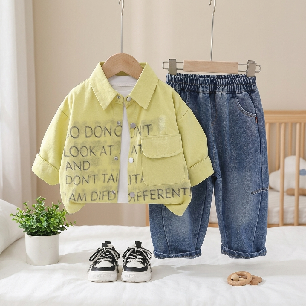 Boys 3-Piece Printed Shirt & Denim Pants Set – 2 Colors