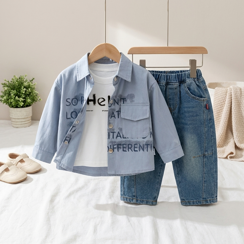 Boys 3-Piece Printed Shirt & Denim Pants Set – 2 Colors