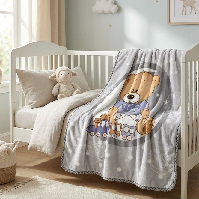 Teddy Train Grey Plush Baby Blanket – 39–49 Inches
