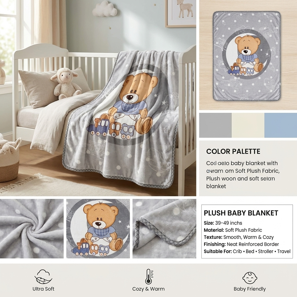 Teddy Train Grey Plush Baby Blanket – 39–49 Inches