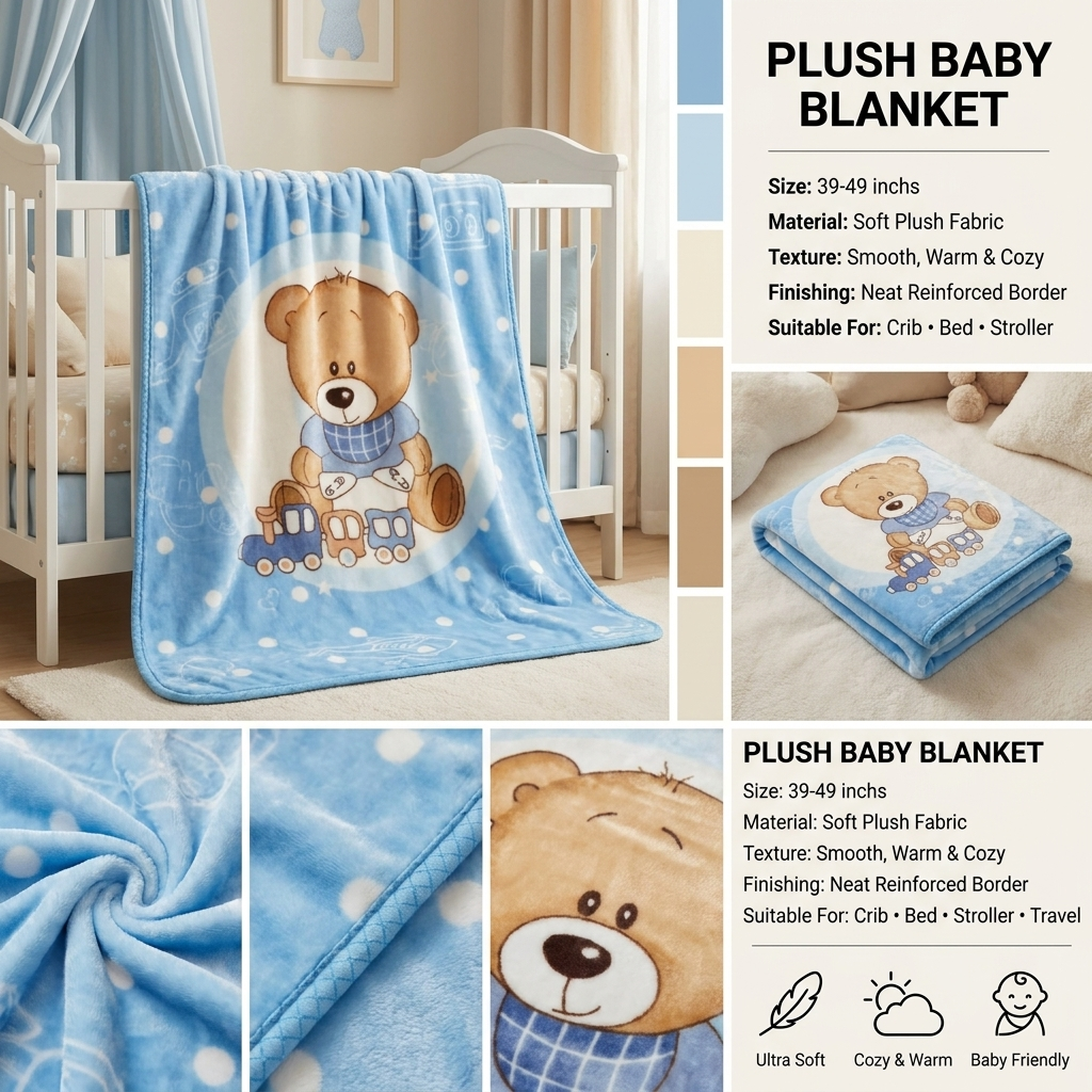 Teddy Train Plush Baby Blanket – 39–49 Inches