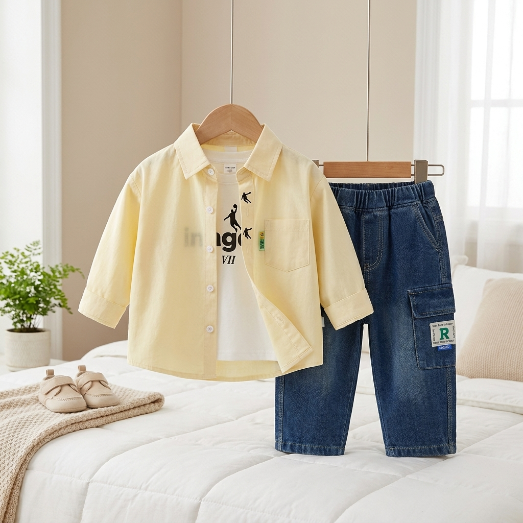 Boys 3-Piece Shirt, T-Shirt & Denim Pants Set – 3 Colors