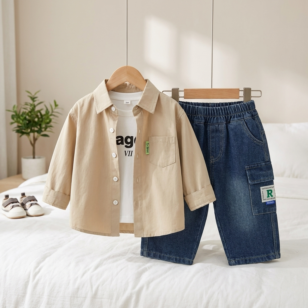 Boys 3-Piece Shirt, T-Shirt & Denim Pants Set – 3 Colors