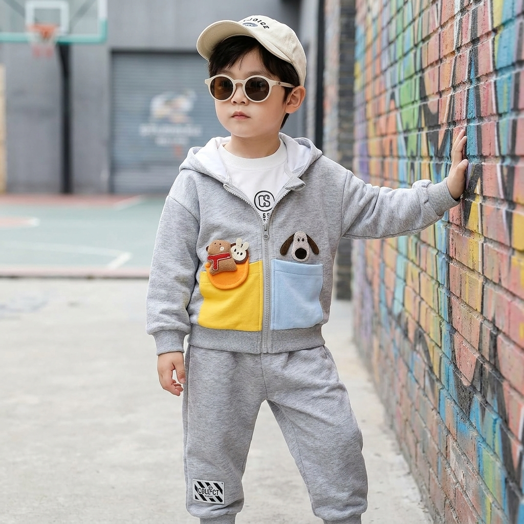 Boys Cartoon Pocket Hoodie 3-Piece Set – 2 Colors
