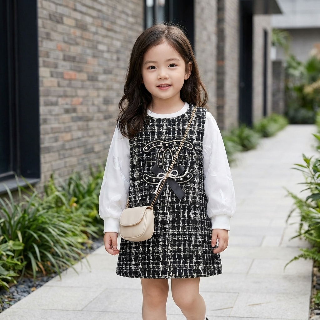 Girls Tweed Frock & Shirt Set – 2 Pc | 2 Colors