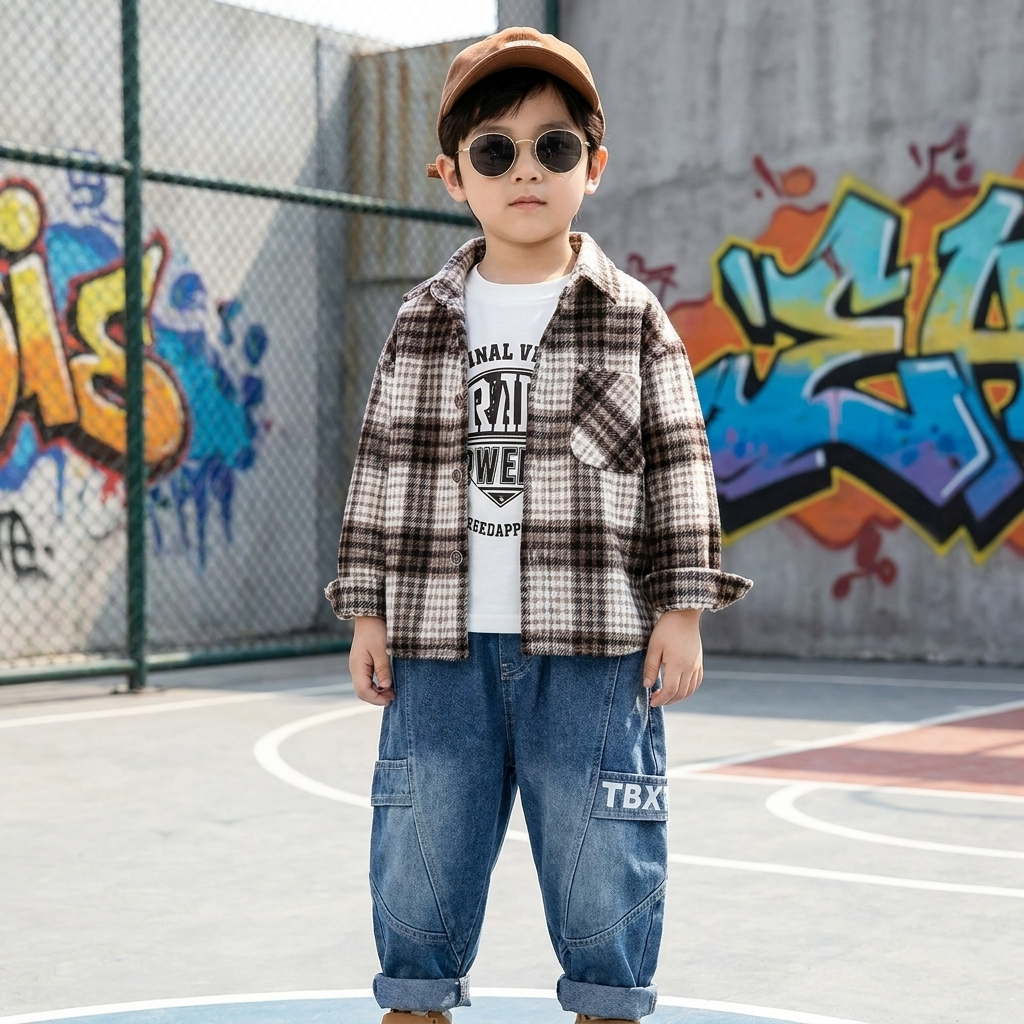 Boys Check Shirt, Printed T-Shirt & Denim Pants 3PC Set – 2 Colors