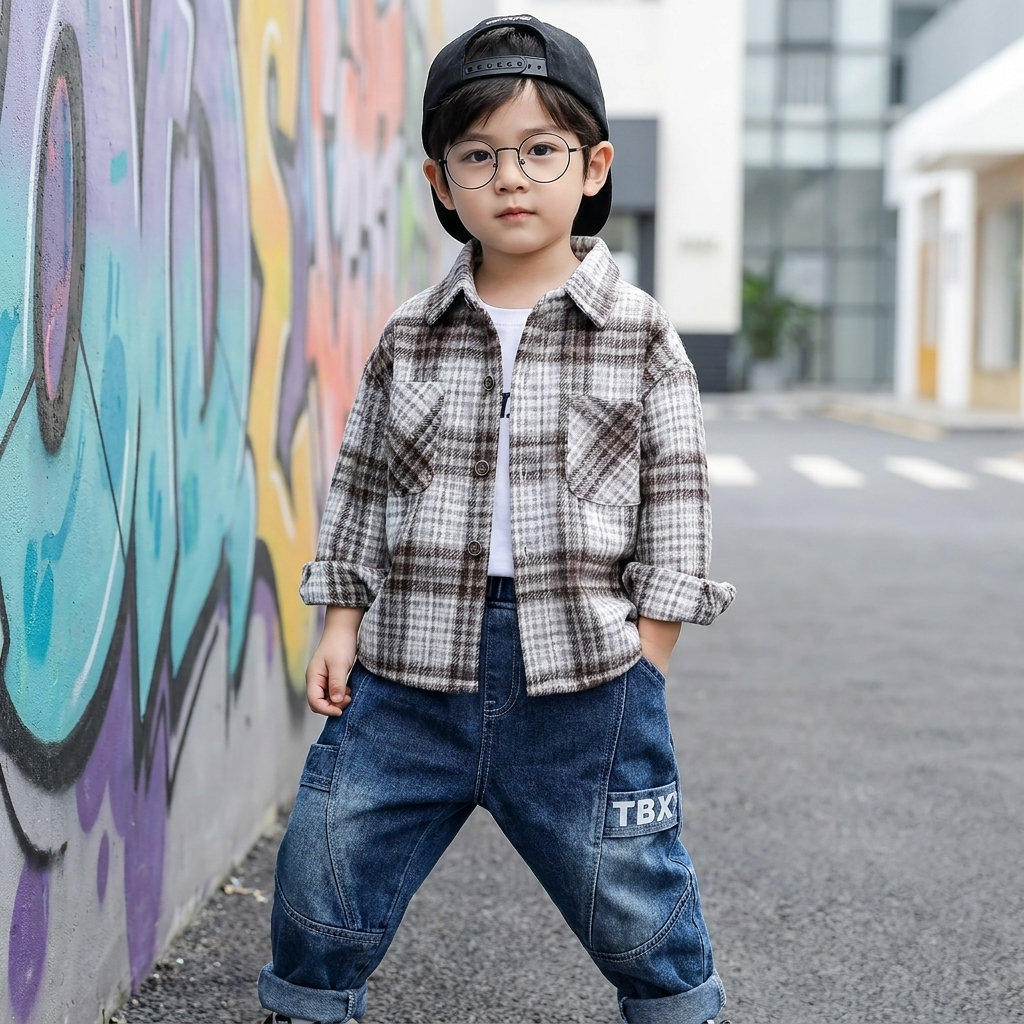 Boys Check Shirt, Printed T-Shirt & Denim Pants 3PC Set – 2 Colors