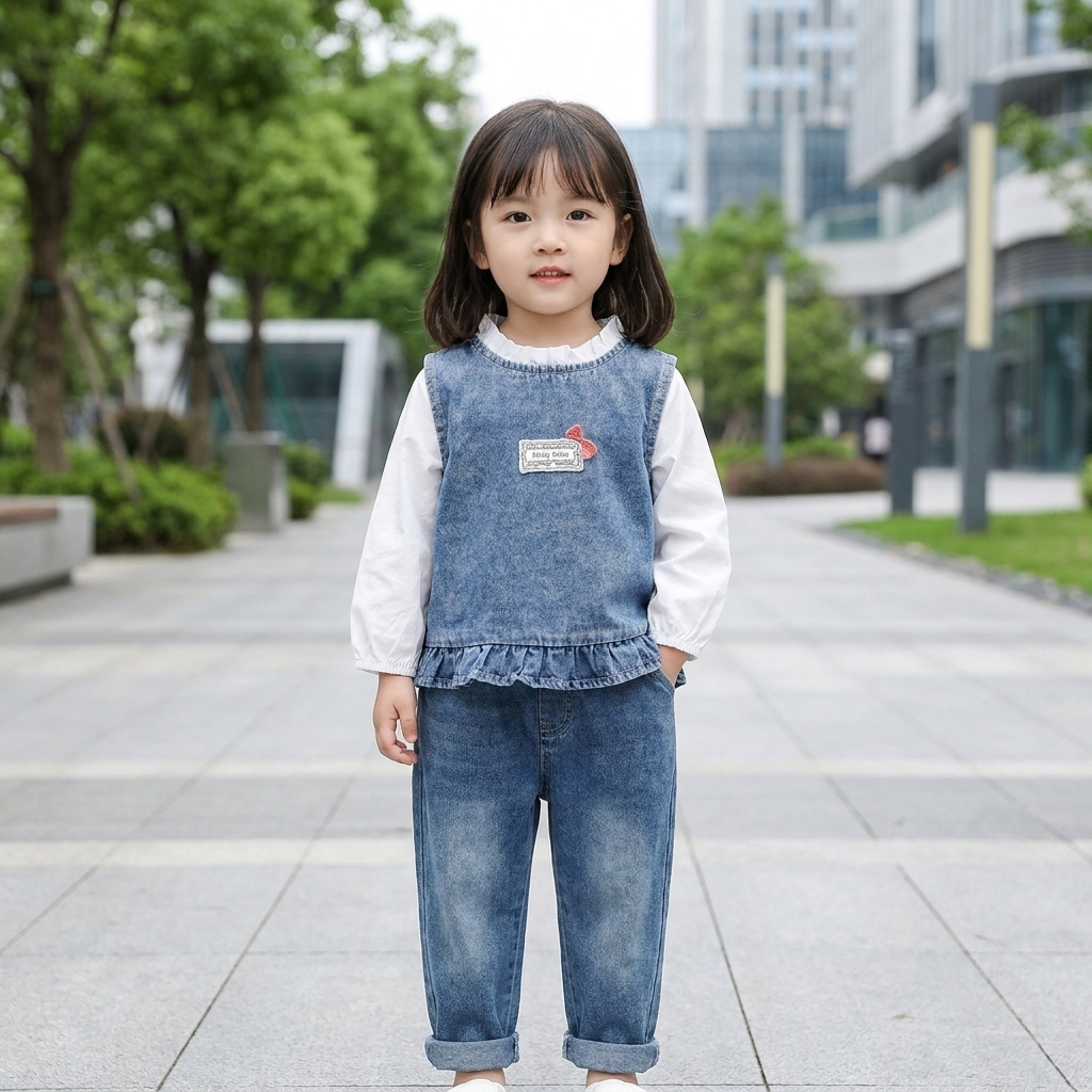Baby Girl Denim Pinafore & Jeans 3-Piece Outfit Set | Faba Kids