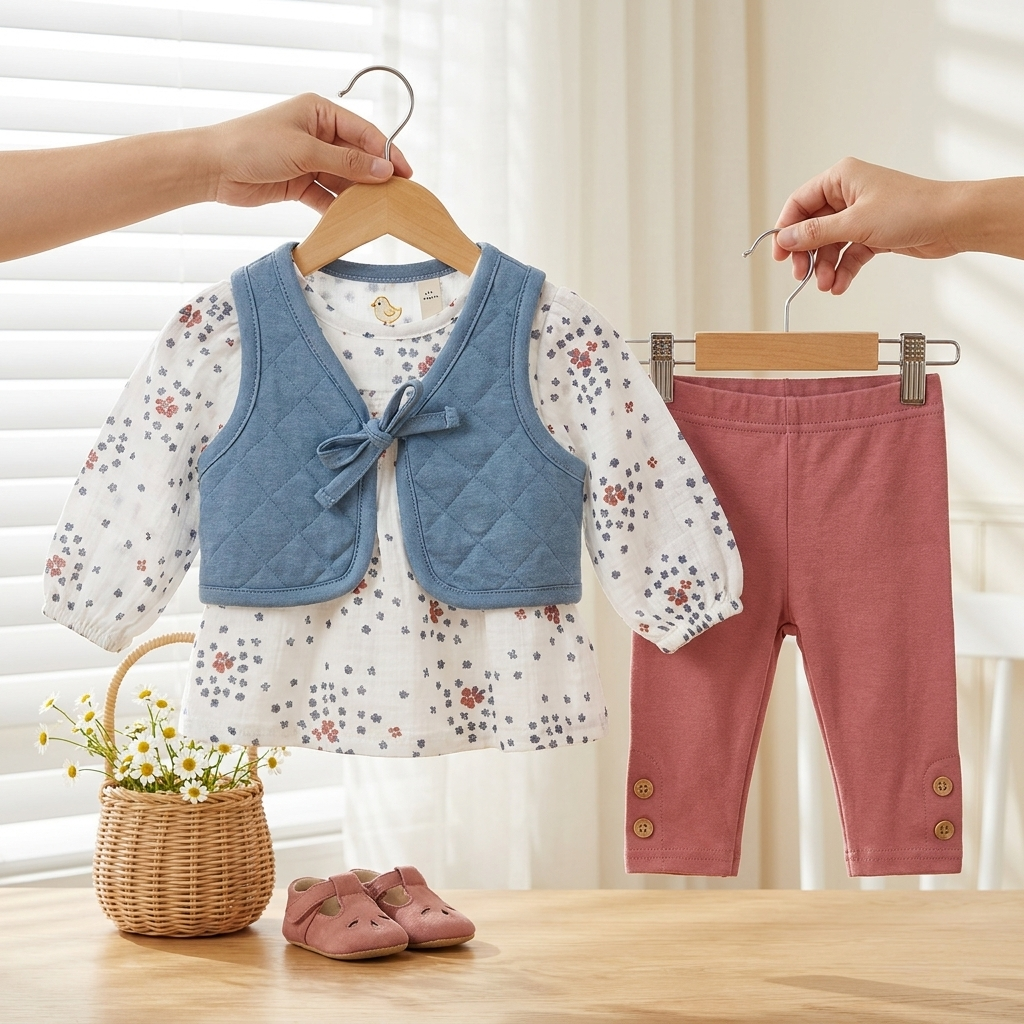 Baby Girl 3-Piece Quilted Vest Frock & Trouser Set – 2 Colors