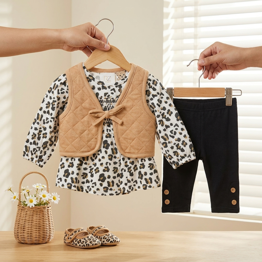 Baby Girl 3-Piece Quilted Vest Frock & Trouser Set – 2 Colors