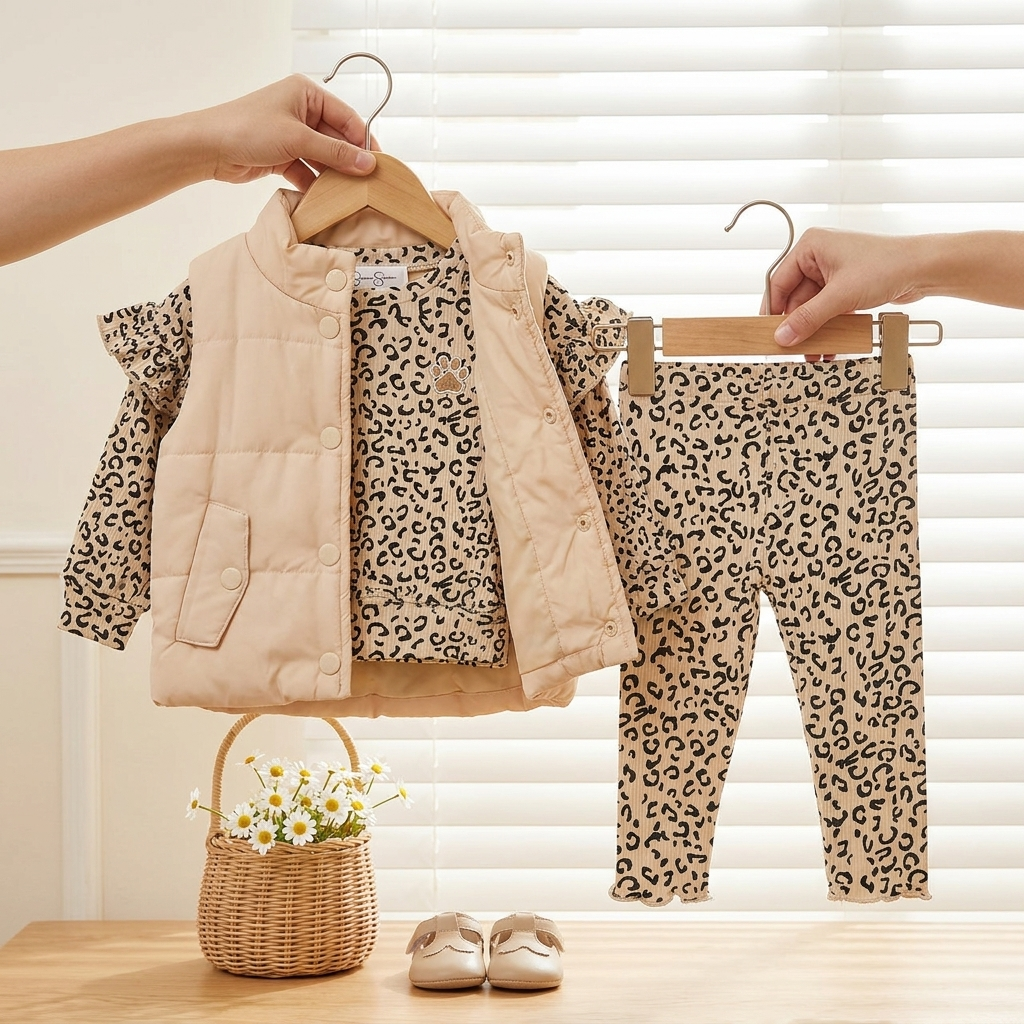 Girls Leopard Print 3-Piece Puffer Vest Set