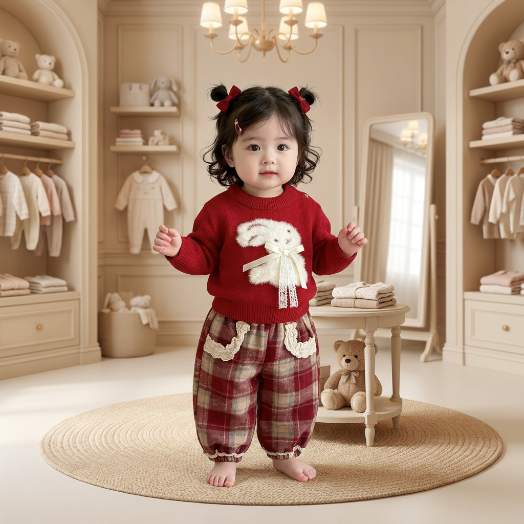 Girls 2-Piece Bunny Sweater & Plaid Trouser Set – 2 Colors