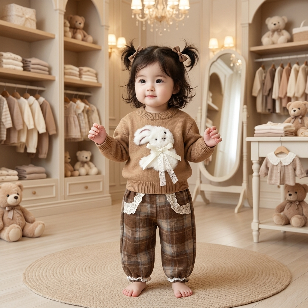 Girls 2-Piece Bunny Sweater & Plaid Trouser Set – 2 Colors