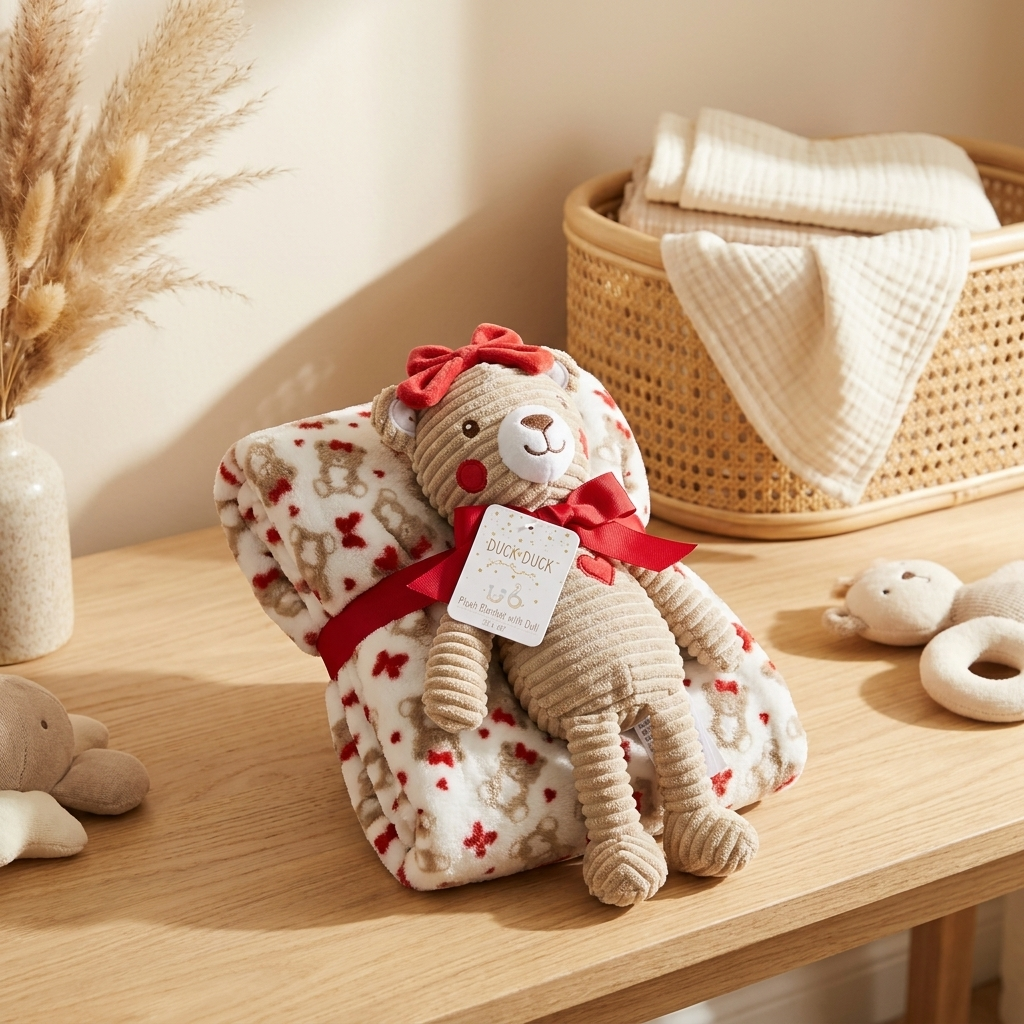 Baby Fleece Blanket with Plush Bear Toy – 30 × 40 Inches