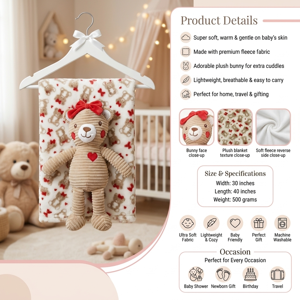 Baby Fleece Blanket with Plush Bear Toy – 30 × 40 Inches