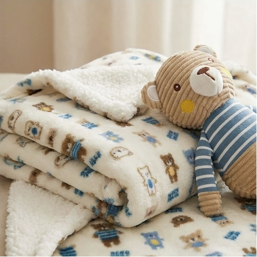 Baby Fleece Blanket with Plush Bear Toy – 30 × 40 Inches