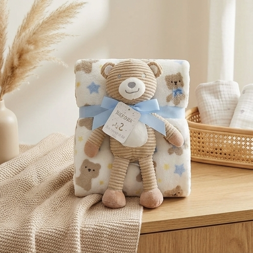 Baby Fleece Blanket with Plush Bear Toy – 30 × 40 Inches