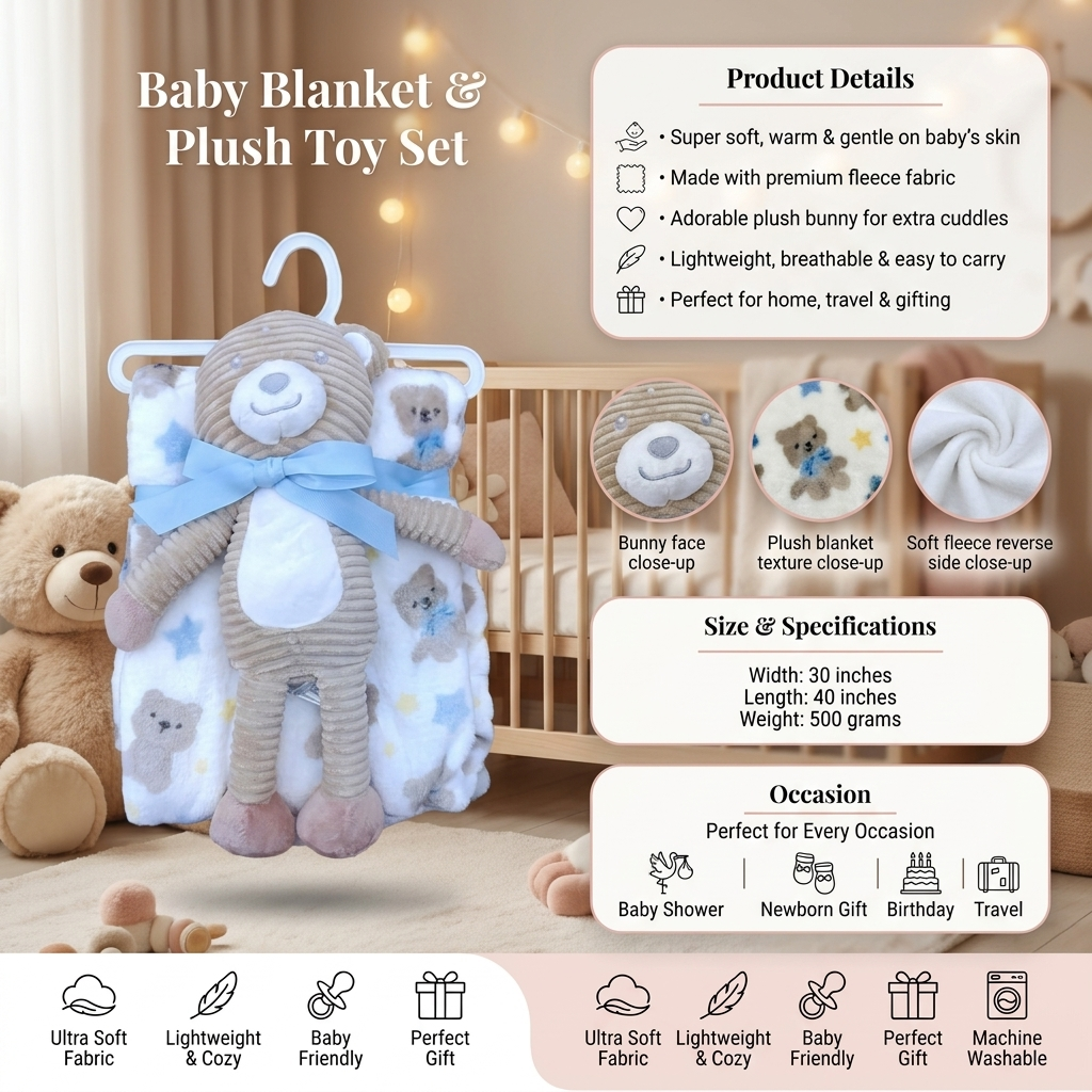 Baby Fleece Blanket with Plush Bear Toy – 30 × 40 Inches