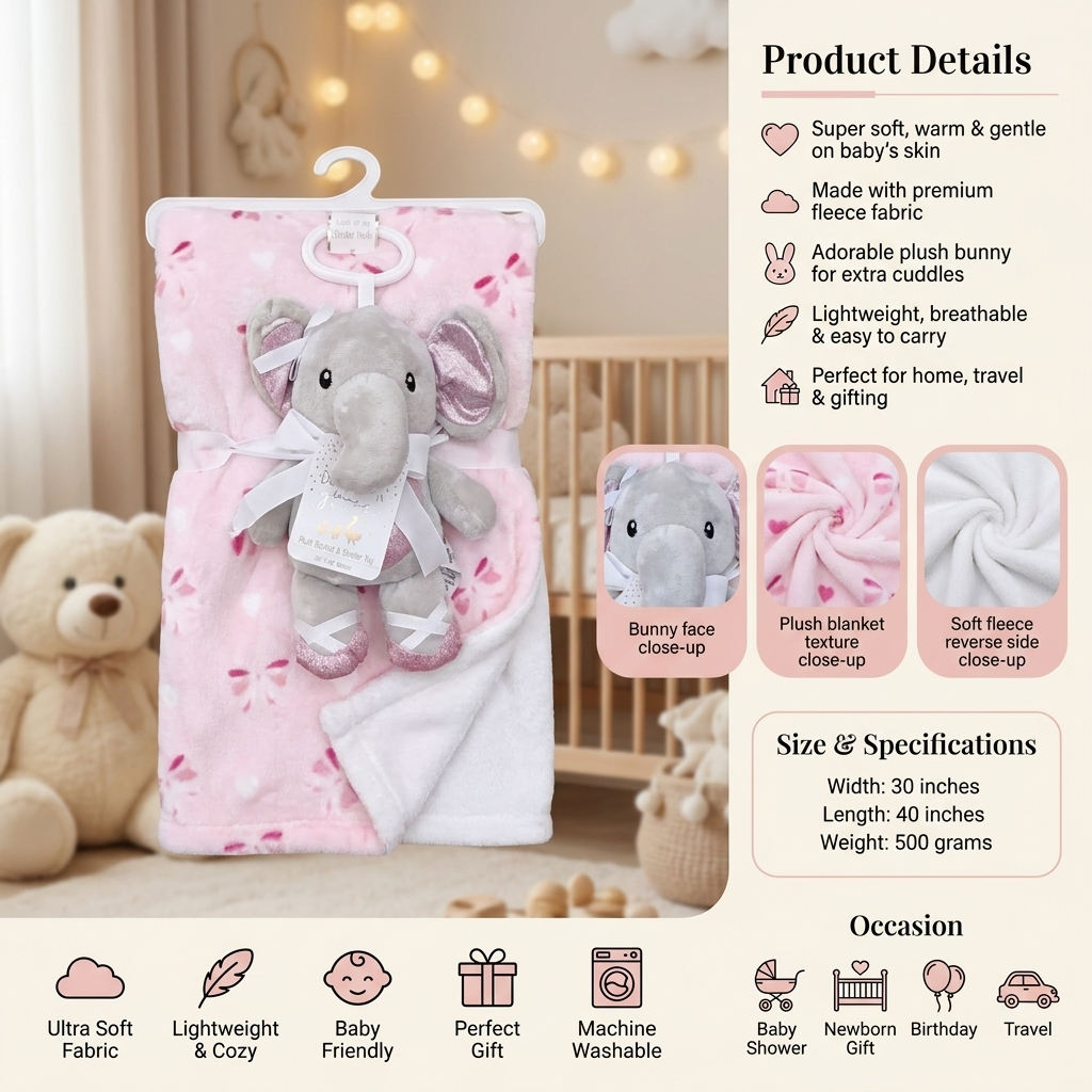 Baby Fleece Blanket with Plush Elephant Toy – 30 × 40 Inches