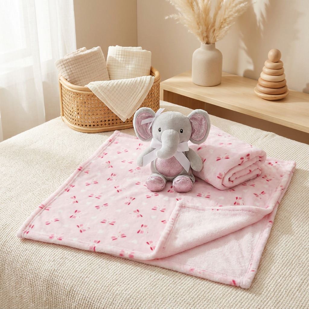 Baby Fleece Blanket with Plush Elephant Toy – 30 × 40 Inches