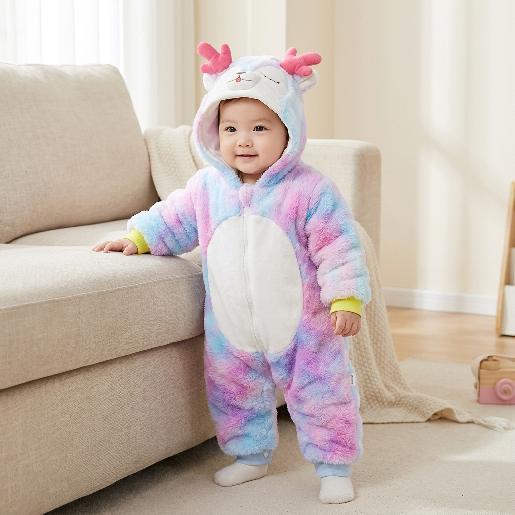 Rainbow Reindeer Plush Hooded Baby Romper – 2 Colors