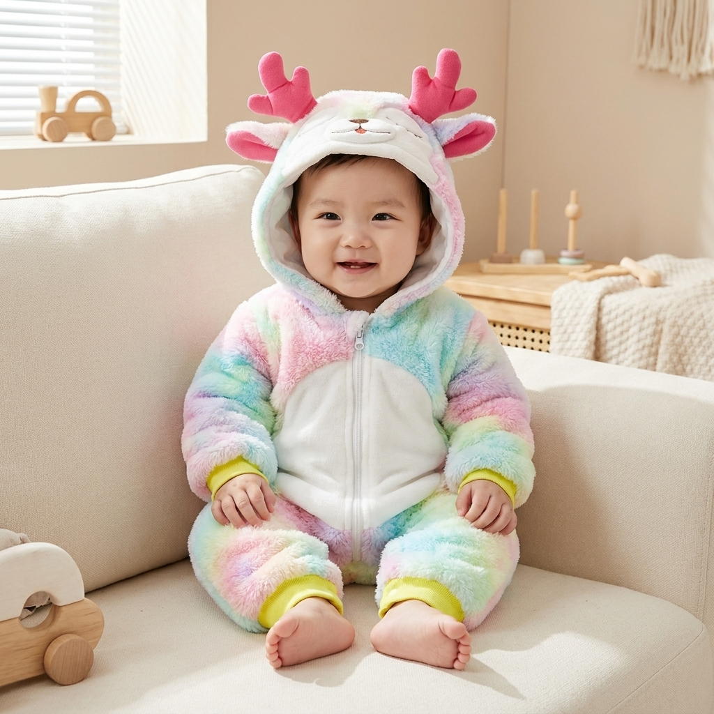 Rainbow Reindeer Plush Hooded Baby Romper – 2 Colors