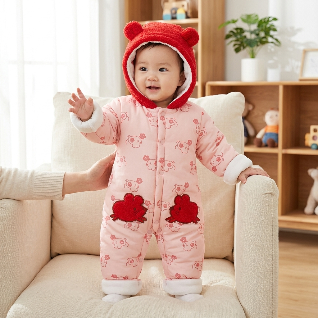 Baby Bear Hooded Padded Winter Romper – 2 Colors