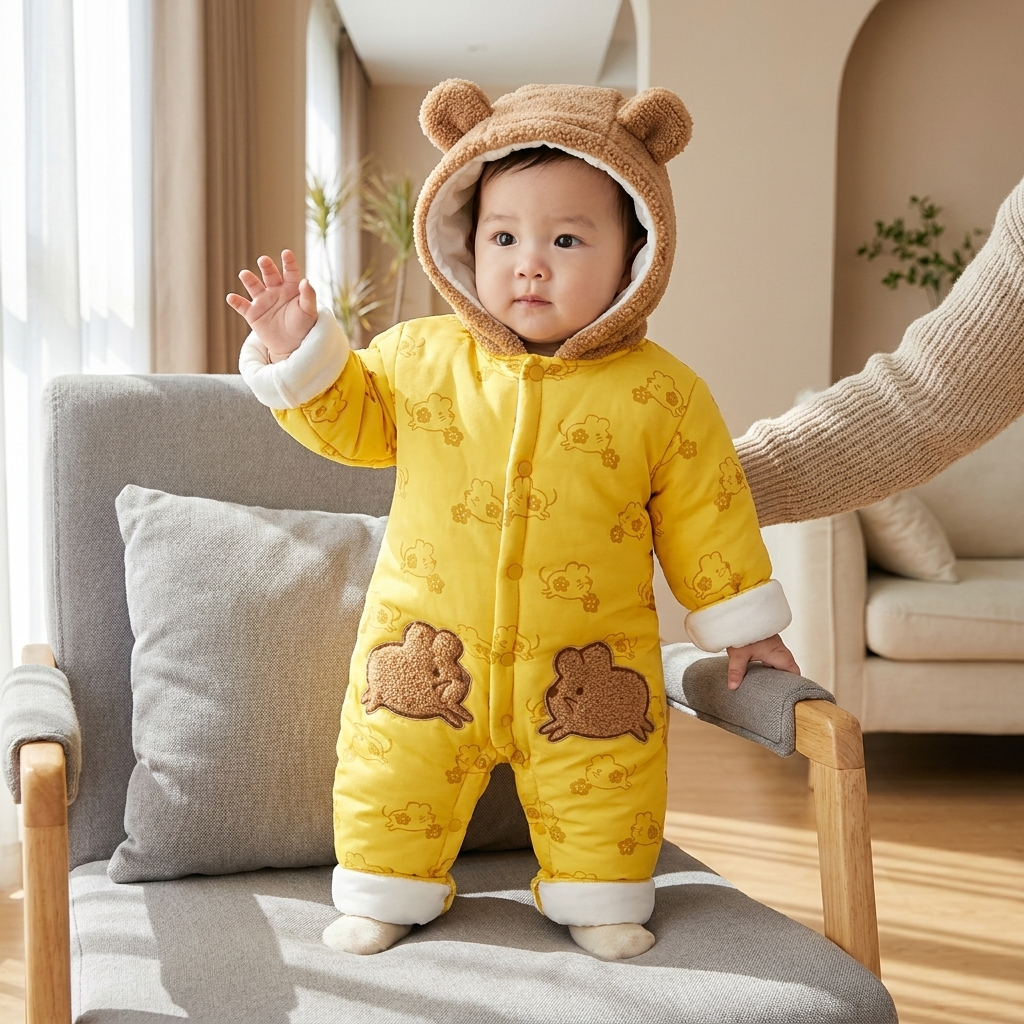Baby Bear Hooded Padded Winter Romper – 2 Colors