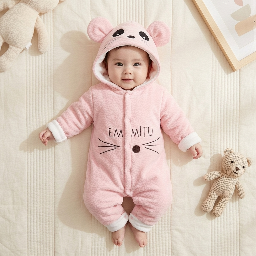 Baby Mouse Hooded Winter Romper with Detachable Cap – 2 Colors