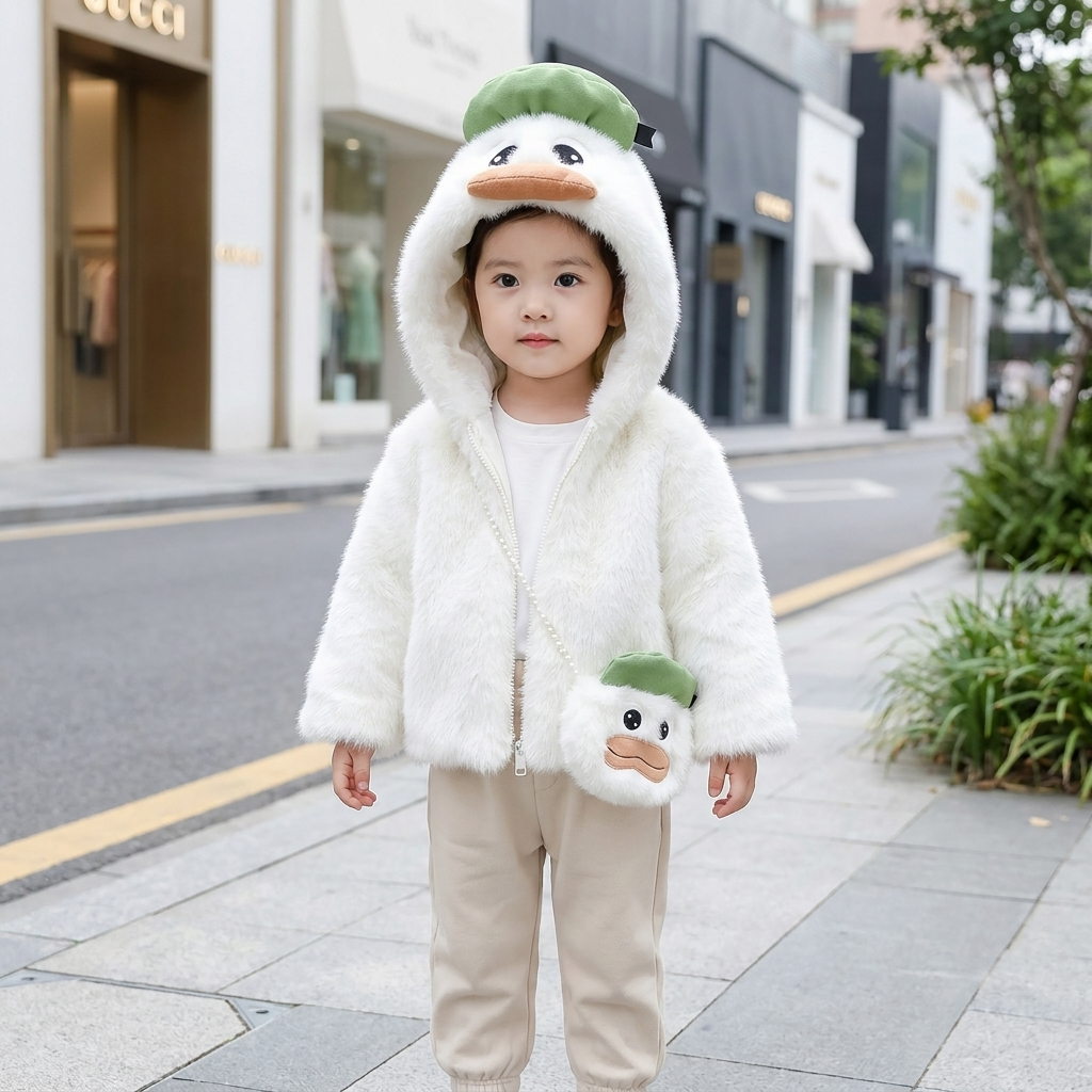 Kids Duck Plush Hooded Winter Jacket with Mini Bag – 3 Colors